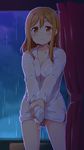  ayami_chiha breasts brown_eyes brown_hair cleavage closed_mouth commentary_request curtains kunikida_hanamaru long_hair long_sleeves looking_at_viewer love_live! love_live!_sunshine!! medium_breasts naked_shirt rain shirt solo standing wet wet_clothes white_shirt wringing_clothes 