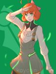  ahoge arm_at_side arm_up artist_name bangs blurry bow buckle closed_mouth cowboy_shot detached_collar eyebrows_visible_through_hair green_background green_eyes green_skirt hair_bow high-waist_skirt koyorin lips long_sleeves looking_at_viewer orange_hair penny_polendina pink_bow rwby rwby:_combat_ready salute short_hair skirt smile solo standing suspender_skirt suspenders 