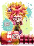  anemo_(splatoon) black_dress blue_eyes clownfish dated dress eyeshadow glasses green_jacket hair_ornament harutarou_(orion_3boshi) headphones headphones_around_neck heavy_splatling_(splatoon) hood hoodie inkling_(language) jacket kumano_(splatoon) long_sleeves makeup open_clothes open_jacket paint_splatter parted_lips pink_hair short_hair splatoon_(series) splatoon_1 standing star star_hair_ornament tentacle_hair translated weapon 