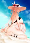  1girl ankle_lace-up apt areola_slip areolae ass ball barefoot beach bikini blush braid breasts cloud cross-laced_footwear day feet female french_braid full_body hat kneeling kuroda_kanbee_(sengoku_bushouki_muramasa) large_breasts legs long_hair looking_at_viewer nail_polish outdoors pink_eyes pink_hair pregnant sand sengoku_bushouki_muramasa sideboob signature sitting sky soles solo swimsuit tied_hair wariza 