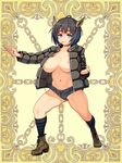  animal_ears areolae ass_visible_through_thighs black_hair blue_eyes boots breasts clenched_hand denim fighting_stance full_body jacket kerberos_blade large_breasts legs_apart long_sleeves mouth_hold navel no_bra no_shirt official_art open_clothes open_jacket ryoji_(nomura_ryouji) short_hair short_shorts shorts socks solo striped striped_legwear 