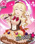  blonde_hair blush card_(medium) character_name clarice_(idolmaster) dress eyes_closed gloves idolmaster idolmaster_cinderella_girls long_hair microphone odango smile stars 