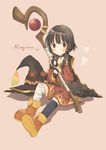  :o absurdres bad_id bad_pixiv_id bandaged_leg bandages bangs bat_wings belt belt_buckle black_cat black_gloves black_hair black_legwear blunt_bangs blush boots brown_belt brown_cape brown_hair brown_hat buckle button_eyes cape cat character_name chomusuke closed_eyes collar collarbone commentary dress facial_mark fingerless_gloves forehead_mark gloves gold_trim hair_between_eyes hat hat_removed headwear_removed heart highres holding holding_staff kono_subarashii_sekai_ni_shukufuku_wo! looking_at_viewer megumin mismatched_legwear no_eyepatch orange_footwear pink_background red_dress red_eyes short_hair_with_long_locks sidelocks simple_background single_thighhigh sitting sitting_on_floor sphere staff strapless strapless_dress tassel thighhighs tube_dress wings wizard_hat younger yuno_(suke_yuno) zettai_ryouiki 