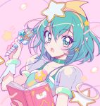  1girl aqua_eyes aqua_hair bangs blush book bracelet choker collarbone cure_milky earrings eyebrows_visible_through_hair hair_between_eyes hair_ornament holding holding_pen jewelry kojikoji looking_at_viewer magical_girl medium_hair open_mouth pen pointy_ears precure see-through solo star star_earrings star_hair_ornament star_twinkle_precure upper_body wrist_cuffs 