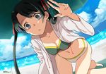  :o alternate_costume beach bikini breasts cleavage commentary day green_eyes green_hair kantai_collection long_hair looking_at_viewer medium_breasts mikuma_(kantai_collection) navel open_mouth outdoors parasol r-king solo swimsuit twitter_username umbrella 