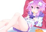  barefoot chips choker d-pad d-pad_hair_ornament eating food food_in_mouth hair_ornament hairclip handheld_game_console hood hooded_jacket jacket looking_at_viewer lying neptune_(choujigen_game_neptune) neptune_(series) no_legwear on_back playing_games potato_chips purple_eyes purple_hair shikapiro short_hair solo white_background 