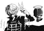  furikake_(appuntament) greyscale hair_over_eyes katekyo_hitman_reborn! male_focus mammon_(reborn) monochrome multiple_boys shirt short_hair smile striped striped_shirt tiara 