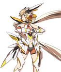  &gt;:( armor bangs bodysuit breasts brown_hair clenched_hands cowboy_shot frown gauntlets gloves headgear headphones highres ikezawa_shin legs_apart looking_to_the_side navel senki_zesshou_symphogear short_hair shorts simple_background skindentation small_breasts solo standing tachibana_hibiki_(symphogear) v-shaped_eyebrows white_background yellow_eyes 