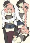  :d astolfo_(fate) bare_shoulders black_gloves black_hair blush bow braid brown_legwear camisole camisole_lift choker closed_eyes commentary elbow_gloves eyebrows_visible_through_hair fang fate/apocrypha fate/grand_order fate_(series) fujimaru_ritsuka_(male) gloves hair_between_eyes hair_bow hand_on_another's_ass hands_on_another's_waist heart heart-shaped_pupils hug hug_from_behind kiss licking licking_stomach long_hair male_focus multiple_boys multiple_views navel open_mouth otoko_no_ko pink_hair red_eyes short_shorts shorts single_braid sky_(freedom) smile striped_camisole symbol-shaped_pupils thighhighs translated very_long_hair yaoi 