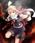  bangs black_ribbon black_serafuku blonde_hair cannon eyebrows_visible_through_hair fingerless_gloves gloves hair_flaps hair_ornament hair_ribbon hairclip highres holding holding_torpedo holding_weapon jenson_tw kantai_collection long_hair open_mouth outdoors pleated_skirt red_eyes remodel_(kantai_collection) ribbon scarf school_uniform serafuku short_sleeves skirt smoke smokestack solo standing standing_on_one_leg thigh_strap torpedo torpedo_tubes turret weapon white_scarf yuudachi_(kantai_collection) 