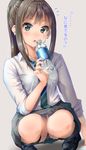  bottle brown_hair commentary green_eyes idolmaster idolmaster_cinderella_girls kuria_(clear_trip_second) long_hair looking_at_viewer necktie panties pantyshot pantyshot_(squatting) ponytail school_uniform shibuya_rin skirt solo squatting translated underwear water_bottle 