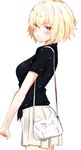  alternate_costume alternate_hairstyle bag benten_(ioj3446) blonde_hair blush bob_cut commentary_request fate/grand_order fate_(series) hair_between_eyes handbag highres jeanne_d'arc_(alter)_(fate) jeanne_d'arc_(fate)_(all) looking_at_viewer short_hair skirt solo sweatdrop white_background yellow_eyes 