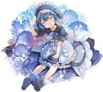  blue_eyes blue_hair blush child collarbone highres looking_at_viewer made_in_abyss maid maid_headdress male_focus maruruk open_mouth otoko_no_ko shiosoda short_hair sitting smile solo 