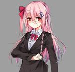  alternate_costume arm_across_waist ascot blush braid closed_mouth collared_shirt commentary_request dress_shirt expressionless eyebrows_visible_through_hair eyes_visible_through_hair farcher girls_frontline grey_background hair_ornament hair_ribbon hexagon hexagram long_hair long_sleeves looking_at_viewer negev_(girls_frontline) pink_hair red_eyes red_neckwear red_ribbon ribbon shirt simple_background single_braid solo star_of_david suit_jacket tied_hair white_shirt 