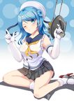  ;o absurdres bad_id bad_pixiv_id beret blue_background blue_eyes blue_hair breasts cannon double_bun elbow_gloves gloves hat high_heels highres kantai_collection large_breasts miniskirt neckerchief one_eye_closed pleated_skirt ryuu_shuo sailor_hat school_uniform serafuku skirt sleeves_rolled_up socks solo turret urakaze_(kantai_collection) white_gloves white_hat white_legwear yellow_neckwear 