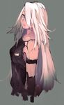  air_kon android armpits bare_shoulders blue_eyes breasts closed_mouth collarbone cropped_torso expressionless eyelashes green_background hair_over_one_eye head_tilt long_hair looking_at_viewer mole mole_under_mouth nier_(series) nier_automata robot_joints shaft_look simple_background small_breasts solo standing straight_hair tsurime very_long_hair white_hair yorha_type_a_no._2 