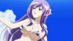  00s 1girl animated animated_gif areolae assisted_exposure bikini blush bouncing_breasts breasts covering_breasts eyes_closed hair_ornament koihime_musou kouchuu large_breasts long_hair milf navel nipples open_mouth purple_hair sky solo swimsuit wardrobe_malfunction 