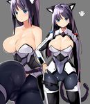  animal_ears areola_slip areolae ass bare_shoulders black_hair blue_eyes blush bodysuit breasts cameltoe cat_ears cat_tail character_request cleavage cleavage_cutout collarbone grey_background hand_on_hip holster iinuma_toshinori large_breasts long_hair looking_at_viewer multiple_views paw_print simple_background tail thigh_holster 