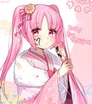  0ye 1girl blush danganronpa flower heart kimono long_hair monokuma new_year pink_eyes pink_hair ribbon tattoo tied_hair twintails utsugi_kotoko zettai_zetsubou_shoujo 