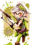 1girl ankle_boots black_footwear boots brown_eyes dated detached_collar domino_mask dress earrings face_mask food food_on_head full_body gloves green_legwear grey_hair harutarou_(orion_3boshi) hero_charger_(splatoon) highres holding holding_weapon hotaru_(splatoon) ink_tank_(splatoon) jewelry leg_up looking_at_viewer mask mask_pull mole mole_under_eye object_on_head pantyhose parted_lips pointy_ears short_dress short_hair solo splatoon_(series) splatoon_1 squidbeak_splatoon standing standing_on_one_leg strapless strapless_dress tentacle_hair weapon white_gloves 