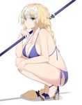  bikini blonde_hair blue_eyes braid breast_rest breasts cleavage closed_mouth eyebrows_visible_through_hair fate/apocrypha fate_(series) from_side glint headpiece high_heels jeanne_d'arc_(fate) jeanne_d'arc_(fate)_(all) large_breasts long_hair purple_bikini revision side-tie_bikini simple_background single_braid solo squatting strap_gap suzuharu_toufu swimsuit very_long_hair white_background 