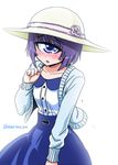 bangs blue_eyes blue_skirt blunt_bangs blush cardigan cyclops eyebrows_visible_through_hair flower hat hat_flower high-waist_skirt long_sleeves looking_at_viewer manako monster_musume_no_iru_nichijou one-eyed open_cardigan open_clothes parted_lips purple_hair revision shake-o short_hair simple_background skirt solo sun_hat twitter_username white_background 