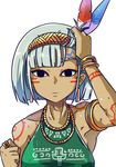  armlet armpits asatsuki_(cookie) aztec black_eyes blue_eyes bob_cut body_markings bracelet breasts closed_mouth cookie_(touhou) dark_skin dotted_sixteenth_note earrings expressionless facial_mark feathers green_shirt hair_feathers hair_lift hairband ikiume jewelry konpaku_youmu looking_at_viewer musical_note necklace no_pupils outline ring shiny shiny_hair shirt short_hair simple_background sleeveless sleeveless_shirt small_breasts solo toned touhou upper_body white_background 