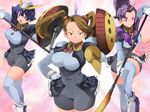  brown_hair commentary_request gundam gundam_build_fighters gundam_build_fighters_try highres horse_tail hyper_gyanko multiple_girls name_john purple_hair sano_keiko sazaki_kaoruko shigure_mahiru short_hair tail twintails 