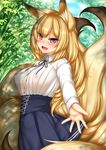  :d animal_ears blonde_hair blue_skirt breasts commentary_request covered_nipples dappled_sunlight day fang fox_ears fox_girl fox_tail highres jewelry kayou_(sennen_sensou_aigis) large_breasts long_hair looking_at_viewer minaha_(playjoe2005) no_panties open_mouth outdoors outstretched_hand purple_eyes ring sennen_sensou_aigis skirt smile solo sunlight tail 
