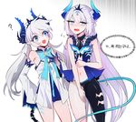  ? alternate_hairstyle asymmetrical_clothes bad_id bad_pixiv_id bare_shoulders blue_eyes blush blush_stickers body_markings cosplay costume_switch demon_tail detached_sleeves diabla_(elsword) elsword fang horns korean long_hair luciela_r._sourcream mellchi multiple_girls multiple_persona navel navel_cutout noblesse_(elsword) ribbon symbol-shaped_pupils tail tiara translation_request twintails white_background white_hair 