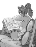  animal_ears arm_up artist_name bandit_(cathare-saurus) bare_arms bare_legs bare_shoulders barefoot bed bed_sheet book breasts bunny_and_fox_world closed_mouth commentary covered_nipples dark_arts_kai domino_mask foreshortening from_behind greyscale hair_tie knees_up large_breasts long_hair mask monochrome on_bed open_book original panties pillow ponytail profile reading see-through sideboob simple_background sitting sketch sleeveless smile solo tank_top underwear white_background 