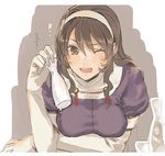  :d ashigara_(kantai_collection) breasts brown_eyes brown_hair choko_(cup) cosmic_(crownclowncosmic) cup drooling gloves hair_between_eyes hairband holding kantai_collection long_hair long_sleeves looking_at_viewer medium_breasts one_eye_closed open_mouth remodel_(kantai_collection) smile solo tokkuri translated upper_body white_gloves 