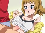 1girl :o bare_shoulders blonde_hair blue_eyes blush bottomless breast_squeeze breasts censored cleavage gundam gundam_build_fighters gundam_build_fighters_try highres hoshino_fumina jacket large_breasts looking_down lying mosaic_censoring open_jacket open_mouth paizuri_under_clothes penis ponytail silver_meteor simple_background sitting sitting_on_person solo_focus sports_bra sweatdrop yellow_jacket 
