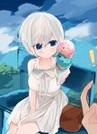  amesawa_mokke bag bangs bench between_legs blush closed_mouth day dress eyebrows_visible_through_hair food hair_between_eyes hand_between_legs highres ice_cream original out_of_frame outdoors short_hair silver_hair sitting solo_focus sundress tsurime 