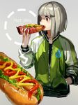  absurdres bob_cut eating english food food_on_face green_jacket grey_background hand_in_pocket highres holding holding_food hot_dog jacket ka_4maki ketchup long_sleeves messy mustard open_mouth original red_eyes shirt short_hair silver_hair simple_background sleeves_rolled_up solo teeth track_jacket upper_body zipper 