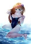  aqua_eyes bad_feet barefoot breasts brown_hair cleavage collarbone covered_navel elizax9x highres long_hair medium_breasts open_mouth original shallow_water simple_background solo swimsuit thighs water white_background 