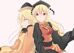  black_dress black_hat blonde_hair chinese_clothes commentary_request constellation dress from_side hair_between_eyes hat junko_(touhou) kino_(kino_511) long_hair long_sleeves matara_okina multiple_girls red_eyes ribbon sash sketch smile tabard touhou wide_sleeves yellow_eyes yellow_ribbon 