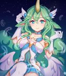  1girl alternate_costume alternate_hair_color alternate_skin_color animal_ears armlet blue_skirt breasts fluffy_ears gloves green_eyes green_hair hair_ornament horn league_of_legends long_hair magical_girl medium_breasts pointy_ears skirt solo soraka star_guardian_soraka very_long_hair white_gloves white_legwear wings 