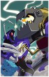  autobot blue_eyes claws decepticon dinosaur glowing glowing_eyes grimlock insignia machine machinery marcelomatere mecha monocle multiple_boys no_humans open_mouth red_eyes robot sharp_teeth shockwave_(transformers) teeth transformers transformers_animated tyrannosaurus_rex 