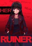  bandaid bandaid_on_face black_background black_hair commentary_request emoticon gradient gradient_background hands_in_pockets headphones her jacket jewelry long_hair looking_at_viewer necklace red red_background red_eyes ruiner ryou@ryou smile solo 