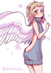  ahoge angel angel_wings backless_dress backless_outfit bare_arms bare_shoulders blonde_hair blush butt_crack closed_mouth cowboy_shot dress embarrassed feathered_wings from_side frown hairband hitomi_sensei_no_hokenshitsu looking_at_viewer medium_hair meme_attire shake-o solo standing sweatdrop tobita_hina twitter_username virgin_killer_sweater wings yellow_eyes 