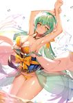  :&gt; arched_back armpits bangs bikini blurry blush breasts closed_mouth commentary_request cowboy_shot depth_of_field eyebrows_visible_through_hair fate/grand_order fate_(series) floating_hair green_hair greetload highres horns japanese_clothes kiyohime_(fate/grand_order) kiyohime_(swimsuit_lancer)_(fate) large_breasts long_hair looking_at_viewer multiple_horns sidelocks smile solo swimsuit thighs very_long_hair wading water_drop yellow_bikini yellow_eyes 