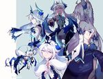  ahoge bad_id bad_pixiv_id bare_shoulders blue_eyes body_markings braid closed_eyes demon_tail demon_wings detached_sleeves elsword evil_grin evil_smile grin hand_on_own_face highres horns long_hair luciela_r._sourcream mellchi noblesse_(elsword) ribbon smile symbol-shaped_pupils tail thighhighs tiara twintails white_hair wings 
