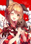  1girl :3 ;d animal animal_ear_fluff animal_ears bangs bare_shoulders blush braid brown_eyes brown_hair carrying collarbone commentary_request crown_braid detached_sleeves dog erune eyebrows_visible_through_hair granblue_fantasy hair_ornament hands_up head_tilt highres homaderi japanese_clothes looking_at_viewer one_eye_closed open_mouth rope shimenawa shiny shiny_hair smile solo upper_body vajra_(granblue_fantasy) wide_sleeves 