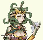  absurdres beige_background breasts cleavage dated gorgon green_skin highres kuangwang_heiye large_breasts mask mask_removed medusa_(smite) scales simple_background slit_pupils smite snake snake_hair solo tiara upper_body yellow_eyes 
