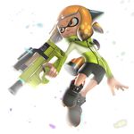  &gt;:( backlighting bangs bike_shorts black_footwear blunt_bangs closed_mouth domino_mask flat_chest frown full_body gonzarez green_jacket gun headgear hero_shot_(splatoon_2) highres holding holding_gun holding_weapon ink_tank_(splatoon) inkling jacket legs_apart long_sleeves looking_away looking_to_the_side mask orange_eyes orange_hair paint shoes short_hair simple_background solo splatoon_(series) splatoon_2 squidbeak_splatoon suction_cups tentacle_hair trigger_discipline turtleneck v-shaped_eyebrows weapon white_background zipper zipper_pull_tab 