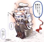  :3 auger black_footwear black_gloves black_legwear blue_eyes blush boots box brown_gloves commentary drunk eyebrows_visible_through_hair eyes_visible_through_hair fishing fishing_rod flat_cap gangut_(kantai_collection) gloves hair_between_eyes hair_ornament hairclip hammer_and_sickle hat hibiki_(kantai_collection) hip_flask ice_fishing jacket kantai_collection long_hair long_sleeves multiple_girls on_box open_mouth pantyhose peaked_cap pleated_skirt red_eyes rensouhou-kun scar silver_hair sitting sitting_on_box skirt star tanaka_kusao translated verniy_(kantai_collection) white_jacket |_| 
