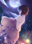  animal_print bare_shoulders blue_eyes breasts brown_hair bush butterfly_print closed_mouth cloud commentary dutch_angle expressionless eyebrows_visible_through_hair from_behind full_moon gogatsu_fukuin highres japanese_clothes kara_no_kyoukai kimono lantern light_trail looking_at_viewer looking_back medium_breasts moon night night_sky pink_kimono ryougi_shiki short_hair shoulder_blades sky solo standing star_(sky) starry_sky tree undressing wading water wide_sleeves 