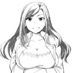  1girl artist_request breasts female huge_breasts idolmaster idolmaster_cinderella_girls long_hair looking_at_viewer monochrome mukai_takumi smile solo upper_body 