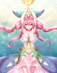  armpits arms_up breasts dress granblue_fantasy highres leaf leaf_on_head long_hair looking_at_viewer medium_breasts navel open_mouth pink_dress pink_hair plant_girl quad_tails sakaokasan solo yellow_eyes yggdrasil_(granblue_fantasy) 
